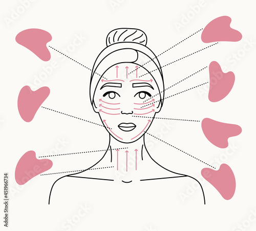 Facial massage direction scheme. How to do gua sha massage. Portrait of woman with gua sha scraper, hand drawn vector line illustration.