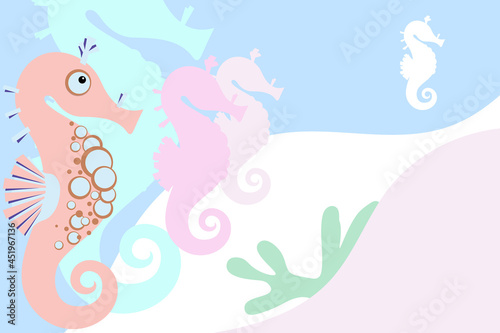 Cute pink sea horse and seahorse silhouettes on colorful pastel background. Abstract underwater composition for design. Sea collection. Cartoon style.