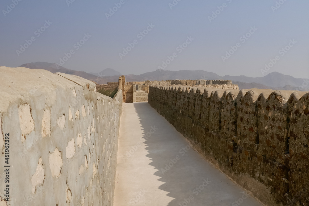 Landscape view of walkway on the ramparts at Miri fort, inside ancient Ranikot fortress known as the Great Wall of Sindh in Jamshoro, Sindh, Pakistan