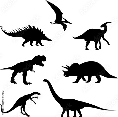 Fototapeta Naklejka Na Ścianę i Meble -  A set of 7 silhouettes of dinosaurs. Collection of Jurassic animals. Black and white illustration of dinosaurs for children.