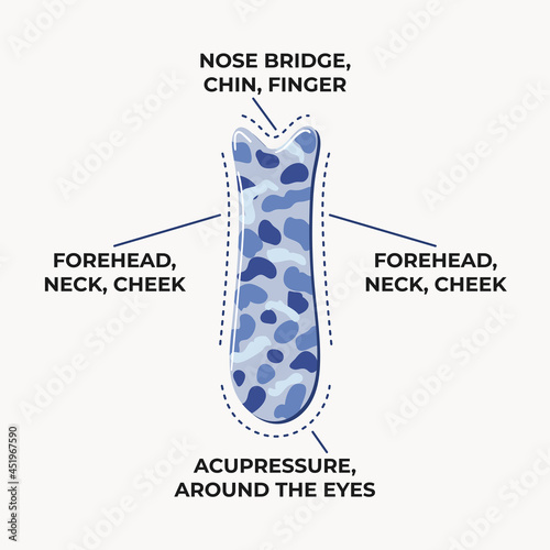 Infographic of how to use gua sha scraping massage stone fish shaped is made of blue sodalite. Home beauty skin care routine and Chinese skin care concept. Hand drawn vector illustration.