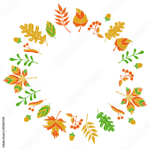 Vector composition of autumn leaves of fruits of different trees in a flat style, arranged in a circle. In the middle, you can place any of your text.