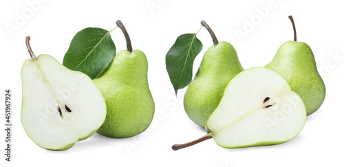 Set with tasty ripe pears on white background. Banner design