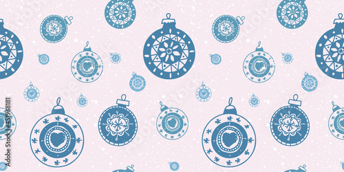Seamless pattern with hand-drawn snowflakes and Christmas tree decorations.Hand drawn cute print for posters, cards, t-shirts.