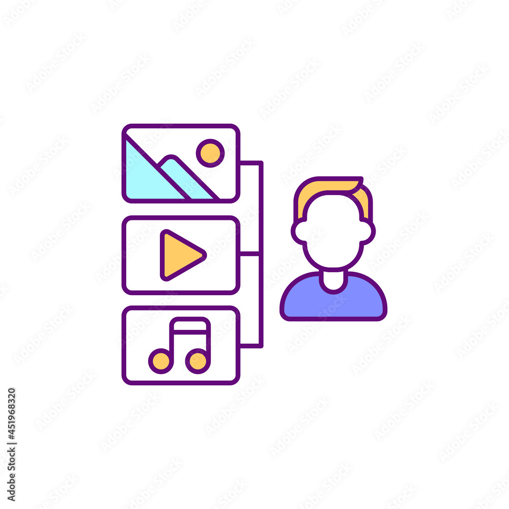 Access media library RGB color icon. Images, music and video collections. Organizing uploaded files into galleries. Isolated vector illustration. Managing media files. Simple filled line drawing