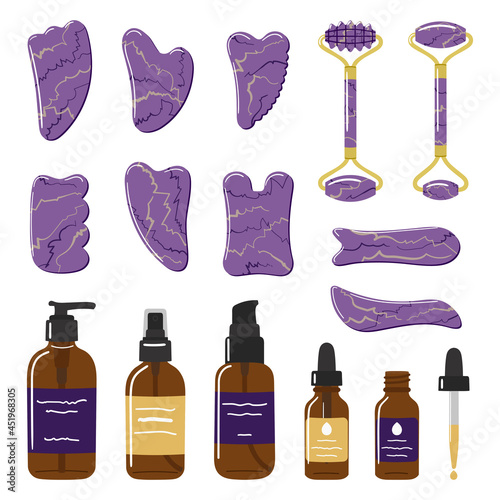 Big set of organic skin care products, face oil, gua sha stones, rollers are made of purple amethyst. Home beauty skin care routine. Hand drawn vector illustration.