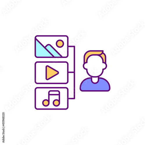 Access media library RGB color icon. Images, music and video collections. Organizing uploaded files into galleries. Isolated vector illustration. Managing media files. Simple filled line drawing