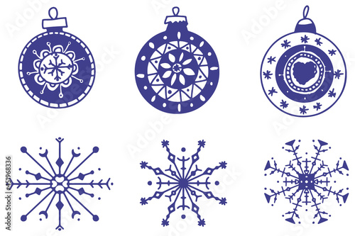 A set of hand-drawn snowflakes and Christmas tree decorations.Hand drawn cute print for posters, cards, t-shirts.