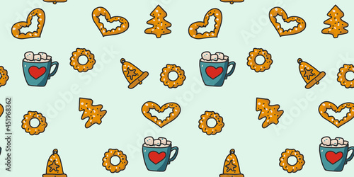 Coffee with airy marshmallows. Delicious and beautiful gingerbread. Endless pattern on a light background.Hand drawn cute print for posters, cards, t-shirts.