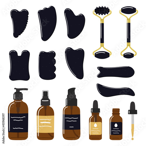 Big set of organic skin care products, face oil, gua sha stones, rollers are made of black obsidian. Home beauty skin care routine. Hand drawn vector illustration.