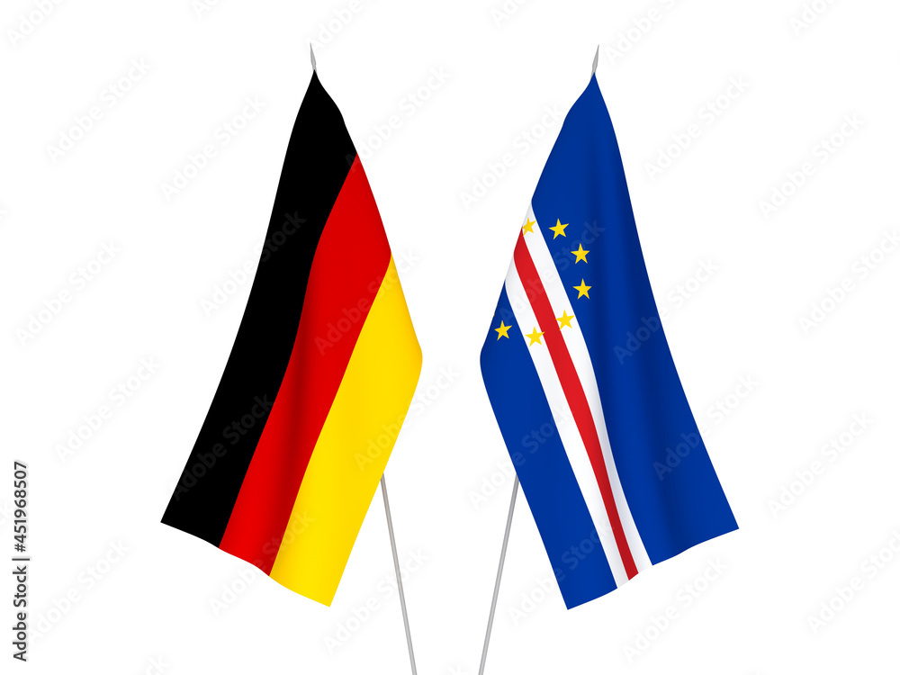National fabric flags of Germany and Republic of Cabo Verde isolated on white background. 3d rendering illustration.