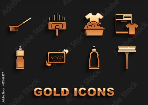 Set Bar of soap with foam, Washer and t-shirt, Squeegee, scraper, wiper, Plastic bottles for liquid dishwashing liquid, basin suds, Toilet brush and Vacuum cleaner icon. Vector