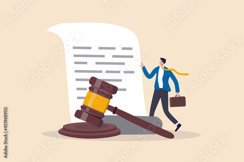 Legal document, attorney or court professional office, law and judgment approval paper concept, mature lawyer holding legal document with a gavel hammer symbol of court or judgement. photo