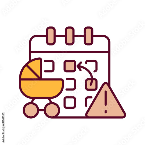 Calendar and baby carriage RGB color icon. Premature childbirth. Early birth. Due date of labor. Maternity, parental leave. Isolated vector illustration. Simple filled line drawing