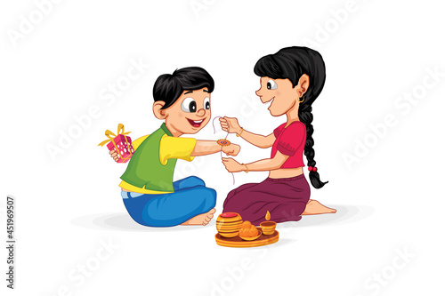 Raksha Bandhan, Sister is tying Rakhi on her brother's wrist, Rakhi celebration in India, Cute little sister and brother with beautiful background, Rakhi Festival colorful Background and Character.