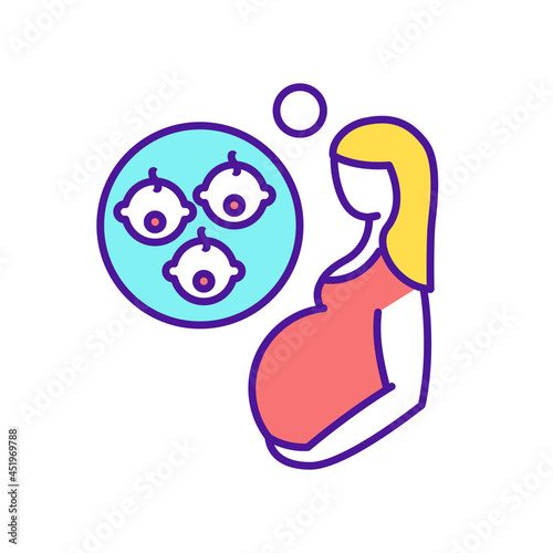 Pregnant woman with three children RGB color icon. Multiple births. Birth of two and more offspring. Mother of triplets. Maternity leave. Isolated vector illustration. Simple filled line drawing