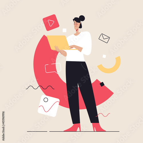 Business concept flat style outline vector illustration on the subject of social media content, communication. Editable stroke