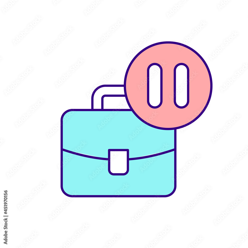 Business suitcase and pause sign RGB color icon. Job leave to take care of newborn. Work regulations. Maternity leave payment. Isolated vector illustration. Simple filled line drawing Business suitcase and pause sign RGB color icon. Job leave to take care of newborn. Work regulations. Maternity leave payment. Isolated vector illustration. Simple filled line drawing