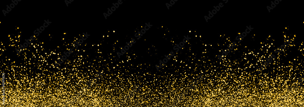 Abstract gold defocused glitter holiday panorama background on black. Falling shiny sparkles. New year Christmas glowing backdrop