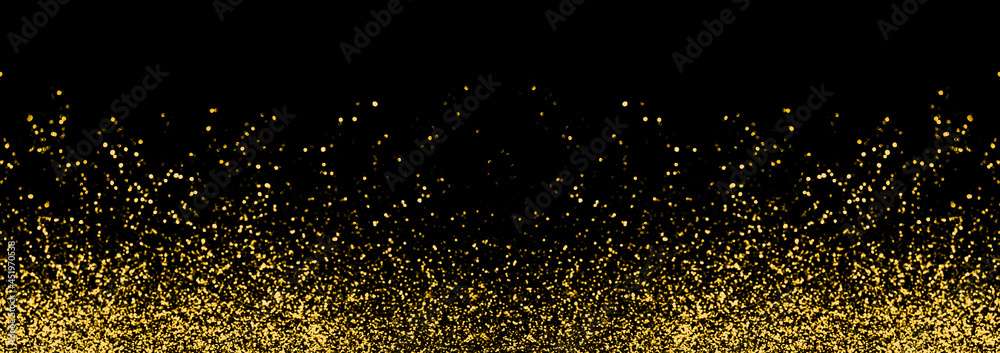 Fototapeta premium Abstract gold defocused glitter holiday panorama background on black. Falling shiny sparkles. New year Christmas glowing backdrop