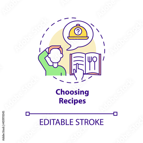 Choosing recipes concept icon. New recipes for balanced nutrition abstract idea thin line illustration. Dinner menu. Cookbook notes. Vector isolated outline color drawing. Editable stroke