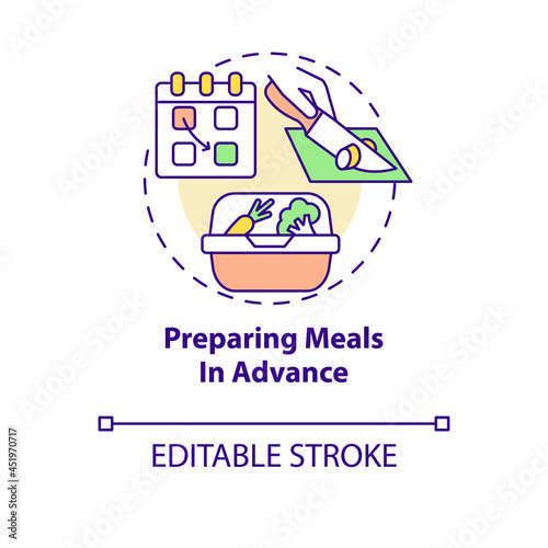 Preparing meals in advance concept icon. Prep foods ahead abstract idea thin line illustration. Prepare ingredients for week, month ahead. Vector isolated outline color drawing. Editable stroke