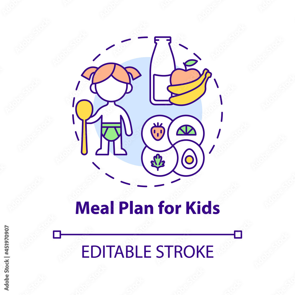 Meal plan for kids concept icon. Healthy foods for kids abstract idea thin line illustration. Balanced and healthy diet for children. Vector isolated outline color drawing. Editable stroke Meal plan for kids concept icon. Healthy foods for kids abstract idea thin line illustration. Balanced and healthy diet for children. Vector isolated outline color drawing. Editable stroke