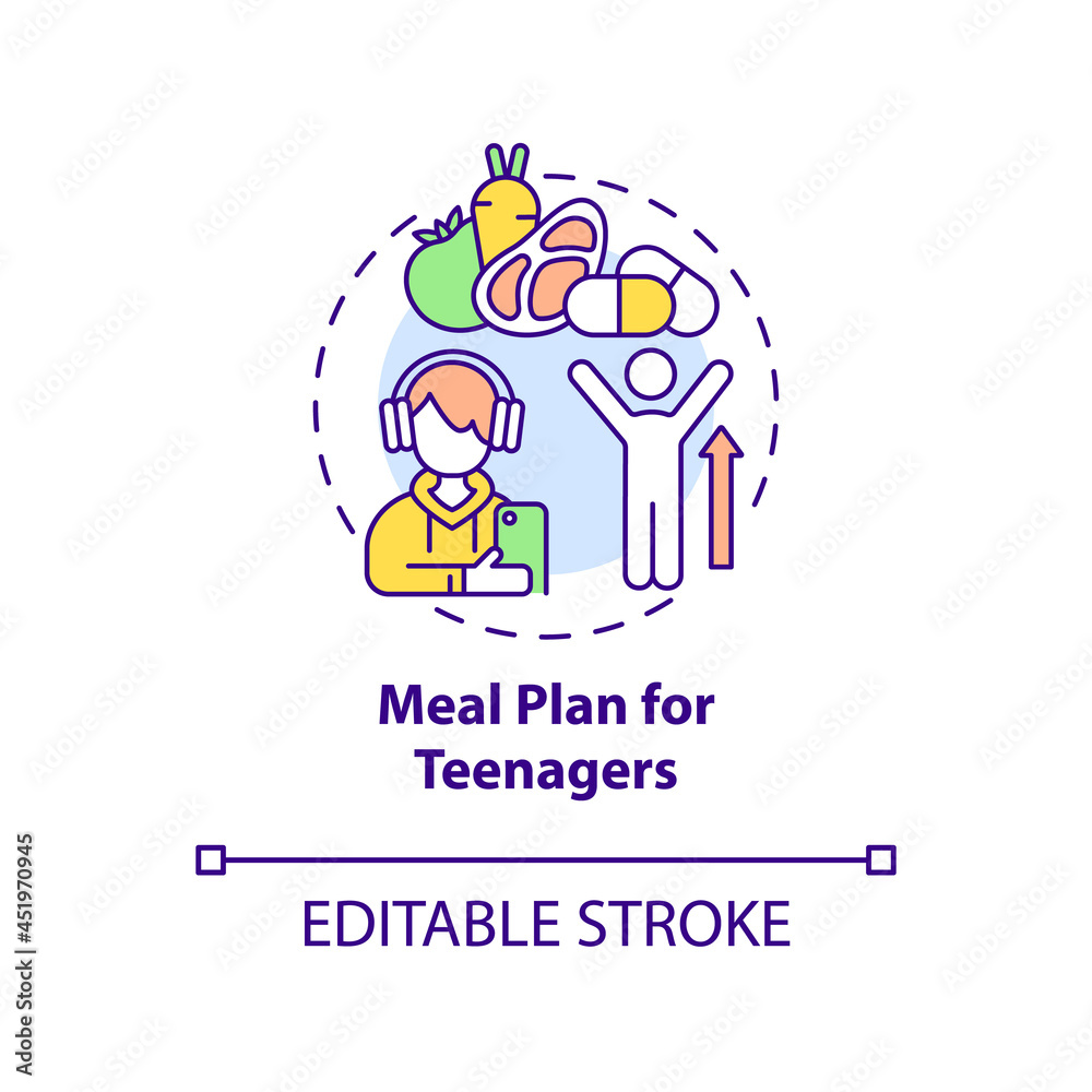 Meal plan for teenagers concept icon. Healthy menu for teens abstract idea thin line illustration. Eating habits. Healthy snack. Vector isolated outline color drawing. Editable stroke