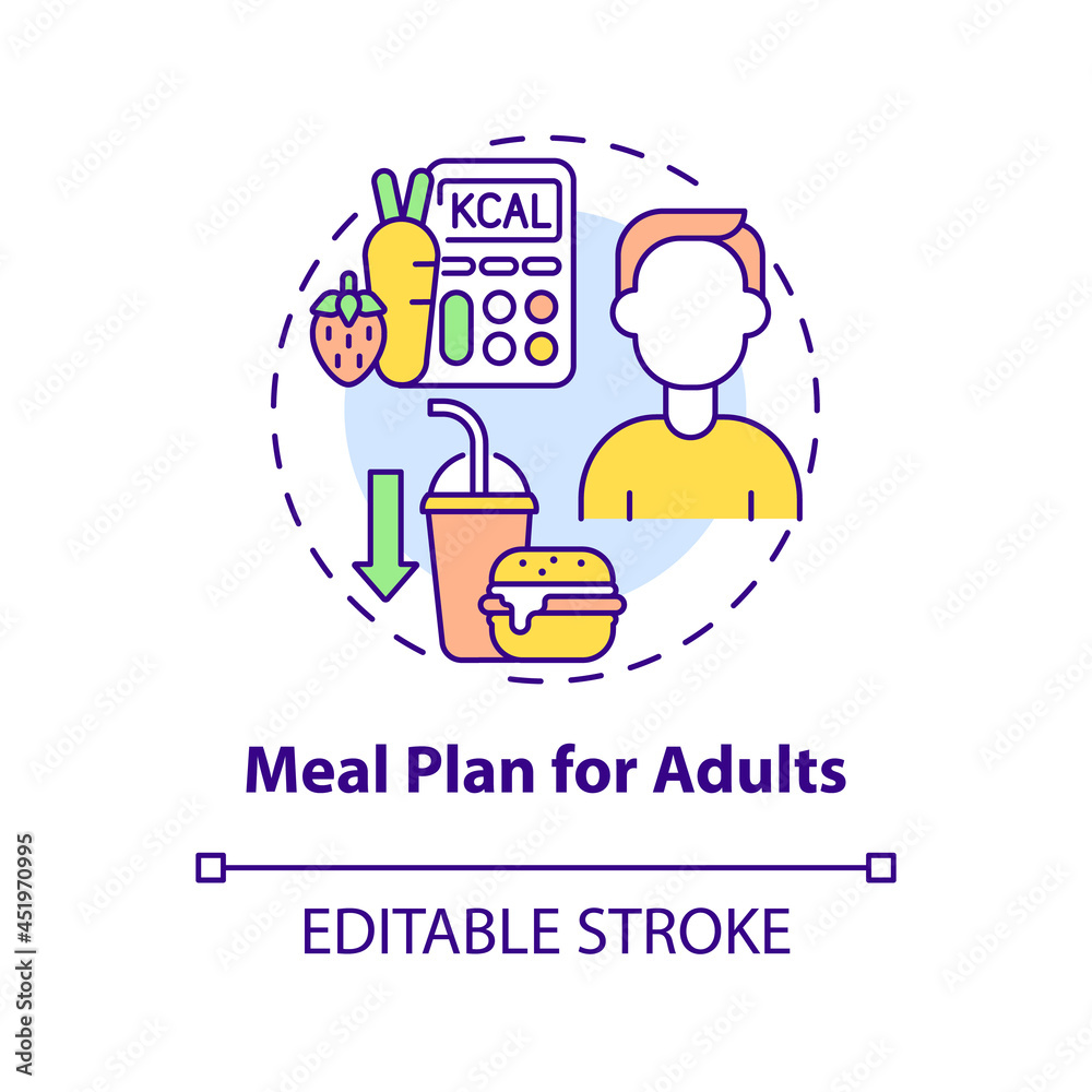 Meal plan for adults concept icon. Healthy food abstract idea thin line illustration. Diet for men and women. Balanced menu for adults. Vector isolated outline color drawing. Editable stroke