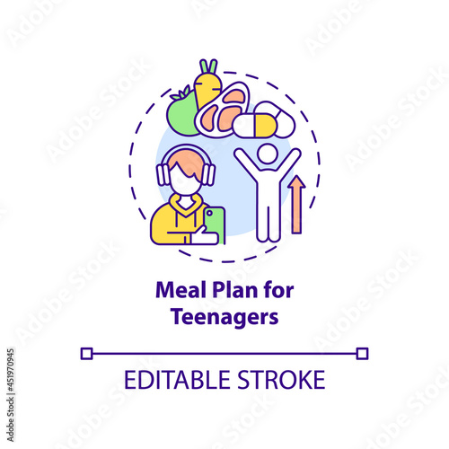 Meal plan for teenagers concept icon. Healthy menu for teens abstract idea thin line illustration. Eating habits. Healthy snack. Vector isolated outline color drawing. Editable stroke