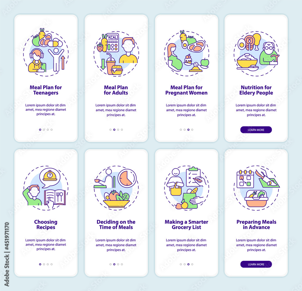 Meal plan and dieting related onboarding mobile app page screen set ...