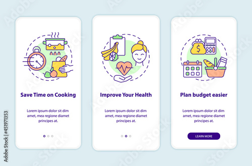 Reasons for meal planning onboarding mobile app page screen. Cooking walkthrough 3 steps graphic instructions with concepts. UI, UX, GUI vector template with linear color illustrations