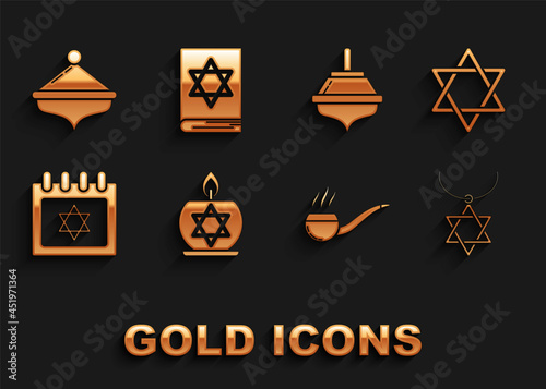 Set Burning candle in candlestick with star of david, Star David, necklace on chain, Smoking pipe smoke, Jewish calendar, Hanukkah dreidel, and torah book icon. Vector