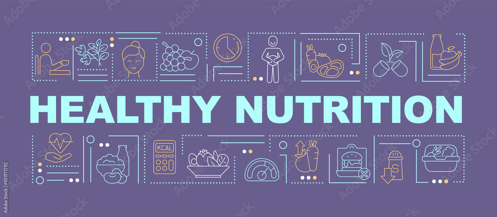 Healthy nutrition purple word concepts banner. Balanced diet. Infographics with linear icons on purple background. Isolated creative typography. Vector outline color illustration with text