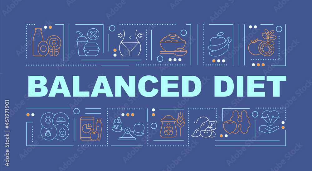 Balanced diet blue word concepts banner. Products rich in nutrients. Infographics with linear icons on blue background. Isolated creative typography. Vector outline color illustration with text