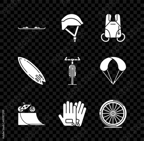 Set Snowboard, Bicycle helmet, Parachute, on street ramp, Gloves, wheel, Surfboard and icon. Vector