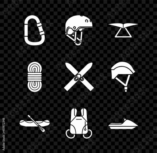 Set Carabiner, Helmet, Hang glider, Rafting boat, Parachute, Jet ski, Climber rope and Ski and sticks icon. Vector