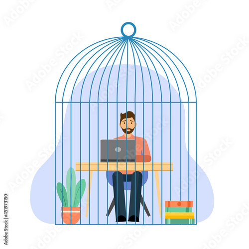 Man employee working with laptop computer in a giant cage flat design on white background. Tired and unhappy company worker.