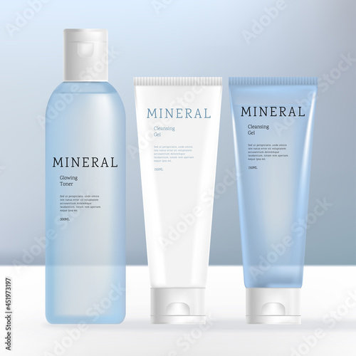 Vector Beauty or Skincare Transparent Cream, Shampoo, Gel or Cream Bottle and Tube Bundle. White and Water Blue Colors.
