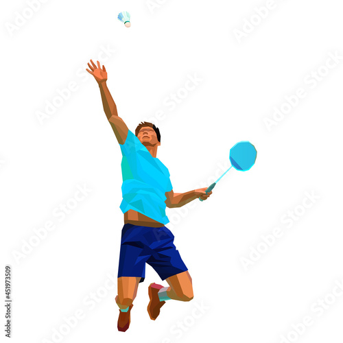 Polygonal professional badminton player doing smash shot. Vector illustration