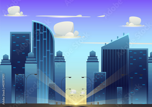 morning city cartoon background with buildings and sun  perfect for your design
