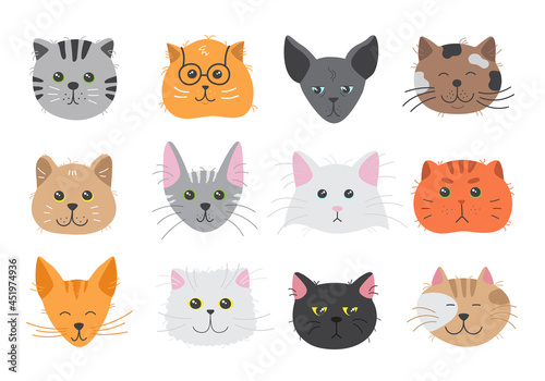 Cute cats heads showing various emotions. Adorable doodle kitties with different face expression. Hand drawn vector illustration of childish pet characters