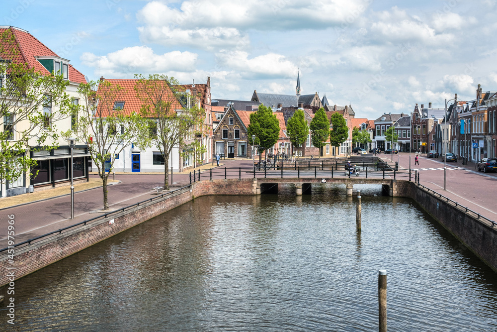 The historic center of Sneek seen from the Waterpoort, Friesland Province, The Netherlands