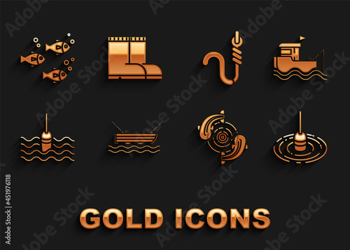 Set Fishing boat with fishing rod on water, float, hook and worm, and boots icon. Vector