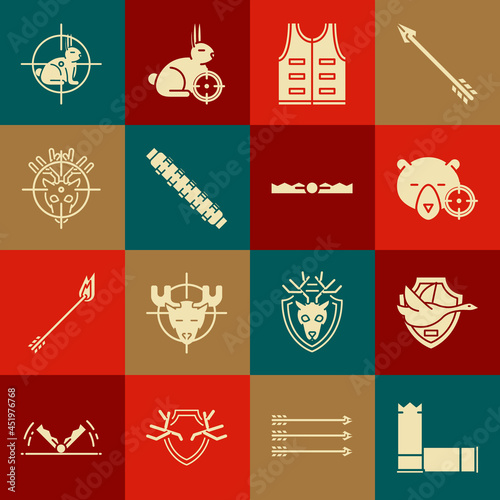 Set Cartridges, Flying duck on shield, Hunt bear with crosshairs, Hunting jacket, cartridge belt cartridges, deer, rabbit and Trap hunting icon. Vector