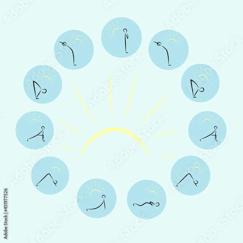 A set of exercises Surya namaskar instruction. Set of yoga poses black vector silhouettes on a blue background. Set of highlights icons for stories in social networks