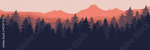 mountain forest landscape flat design vector illustration for wallpaper, background, backdrop design, template design and tourism design template
