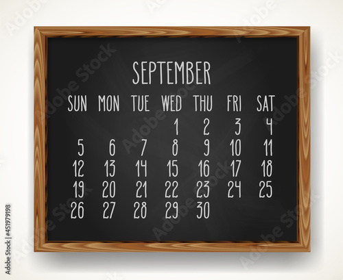 September year 2021 hand drawn black chalkboard calendar