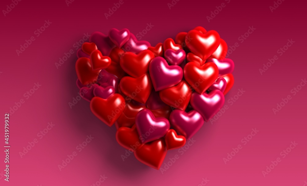 Realistic 3D Colorful Romantic Valentine Hearts in Red Background. 3d rendering