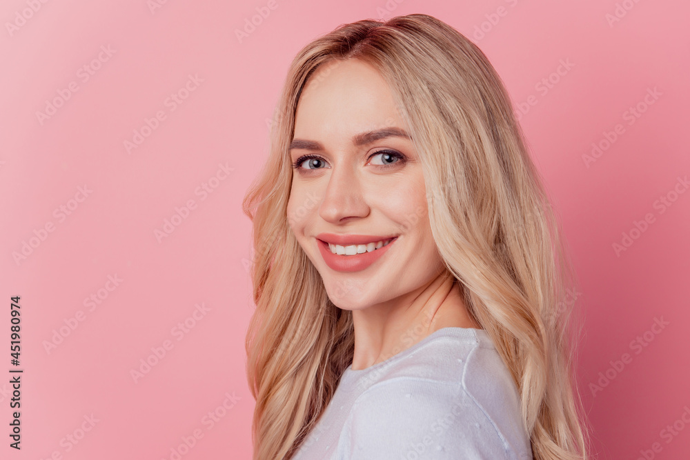 Portrait of cheerful nice attractive pretty lady beaming white smile on pink background